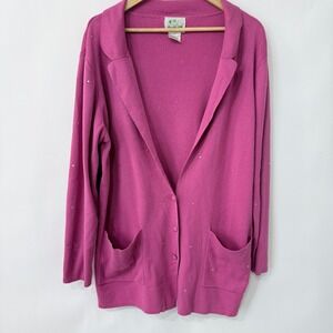 Vintage Quacker Factory Sparkle Sequin Button Up Cardigan Size L Pink Pockets